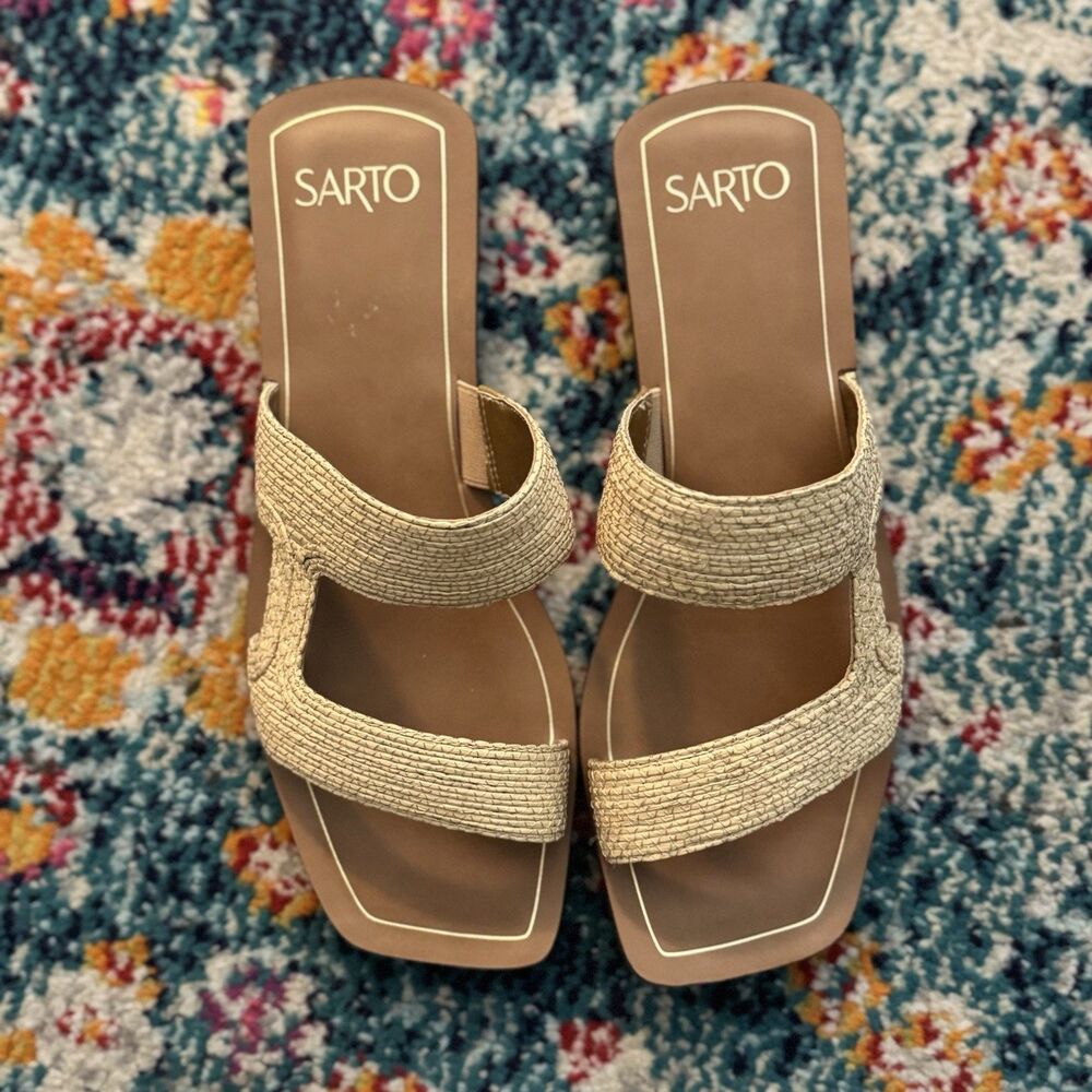 Franco Sarto Beige Woven Two-Strap Slide Sandals